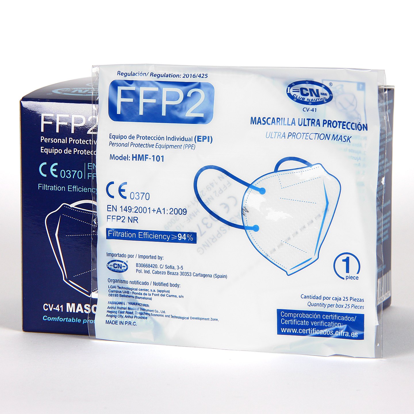 Mascarilla FFP2 - (Caja 20 Unidades). Certificado CE - Ultraresistente ≥99%  anti-filtración - Individualmente Embolsado - Mascarillas Desechables